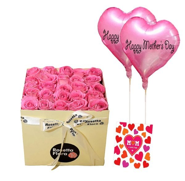25 Pink Roses Box with Balloons