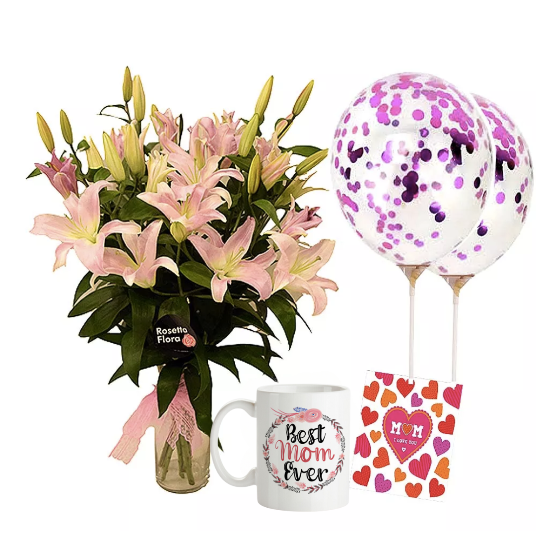 Lilies Vase with Mug & Balloons
